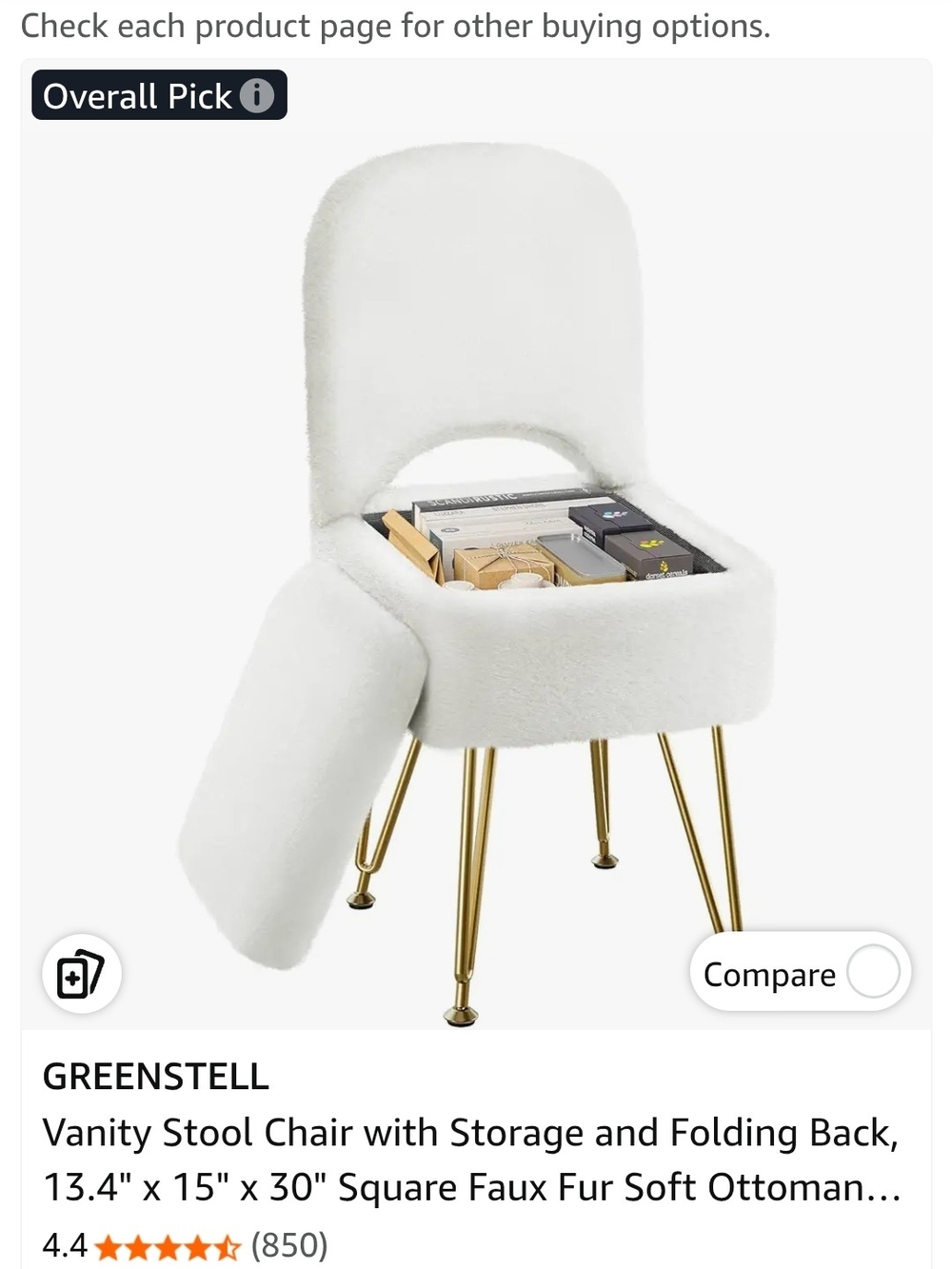 Faux Fur Vanity Stool with Storage - White & Gold